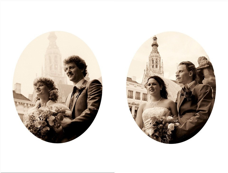 twee foto's van een stel voor een kerk