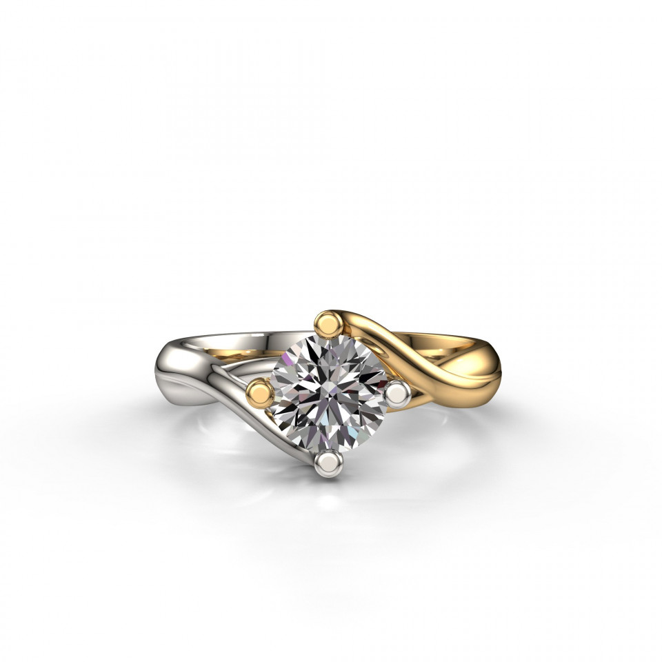 een verlovingsring met een diamant in twee kleuren goud en zilver