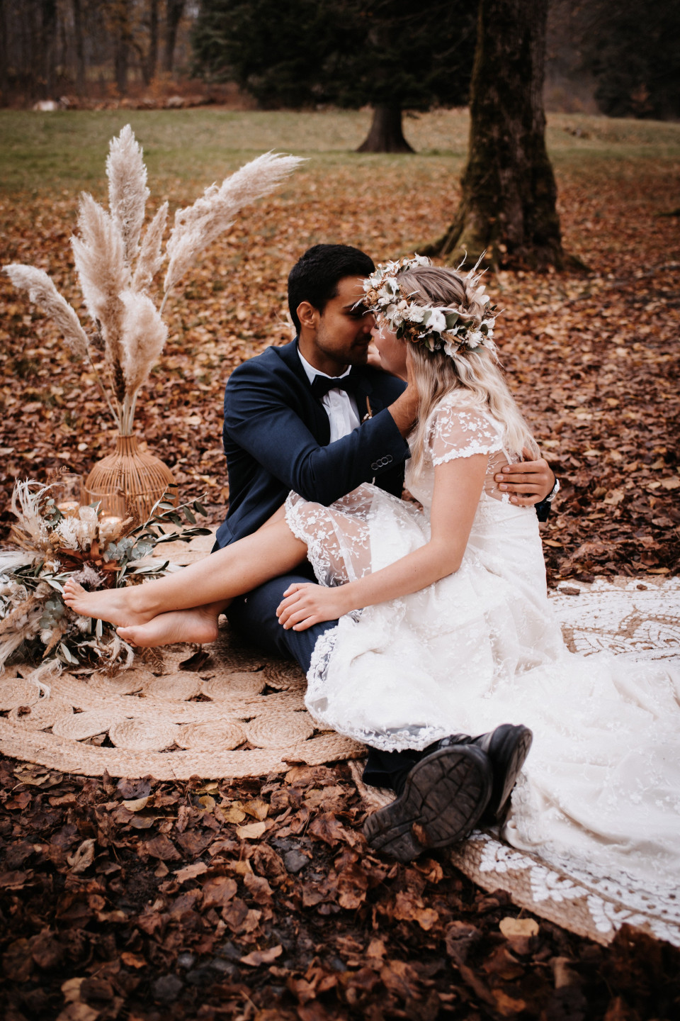Boho Dekoration mit Pampas Gras und Rattan
