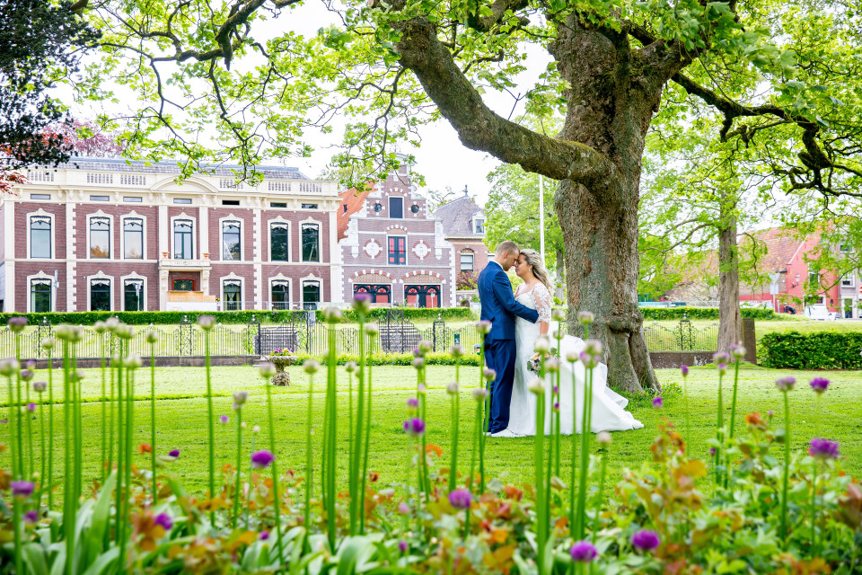 een bruid en bruidegom staan voor een grote boom