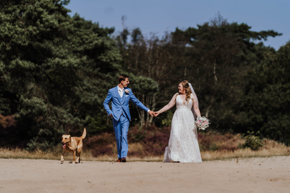 een bruid en bruidegom die hand in hand lopen met een hond op een onverharde weg voor een bosrijk gebied