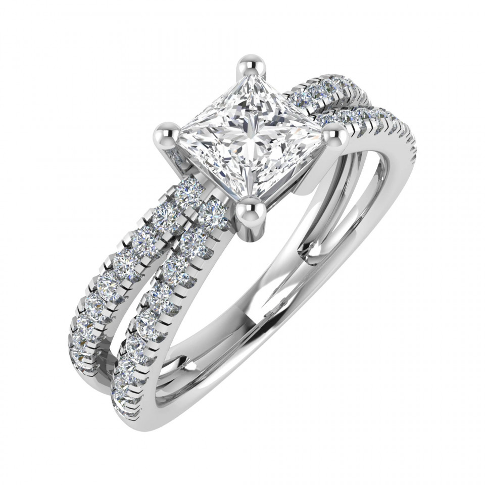 een princess geslepen diamanten verlovingsring met twee rijen diamanten