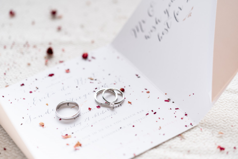 twee trouwringen op een wit kaartje met confetti