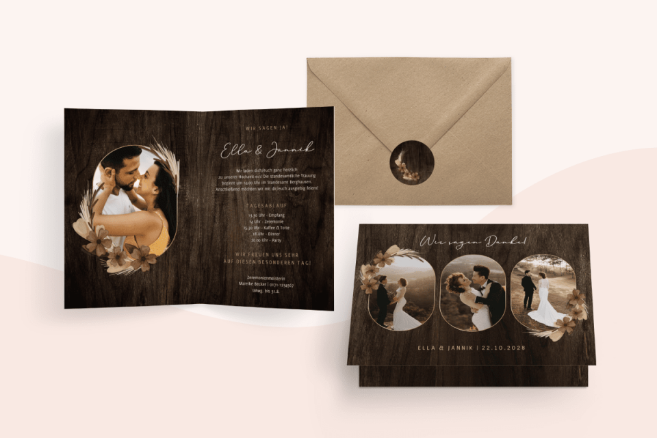 Set Hochzeitskarten im botanischen Holzstyle