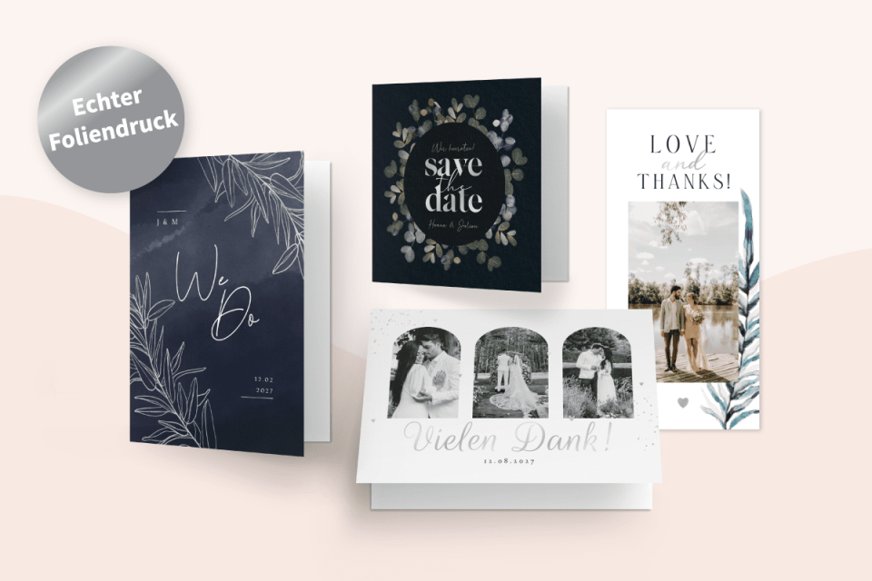 Set Hochzeitskarten mit Fotos im Botanikstyle (Foliendruck)