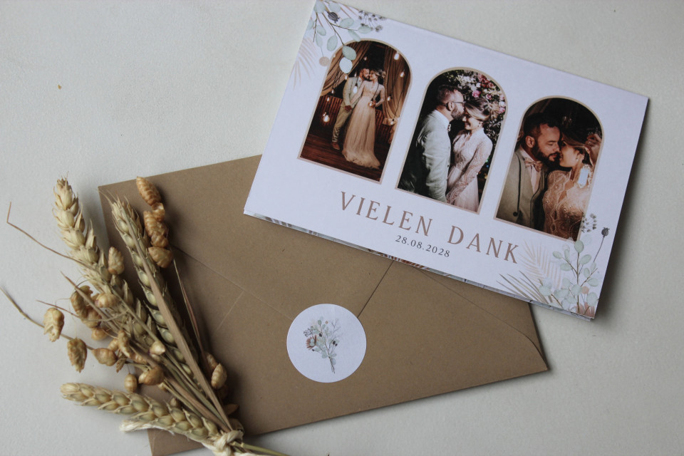 Dankeskarte Trockenblumen und Fotos