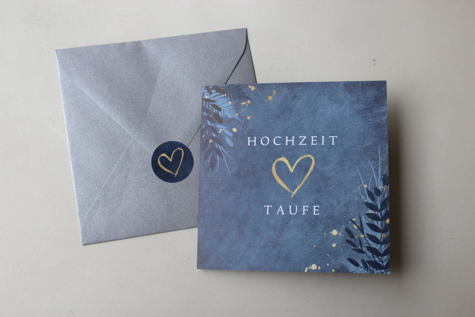 Einladung zur Traufe dunkelblau mit Herz und Pflanzen