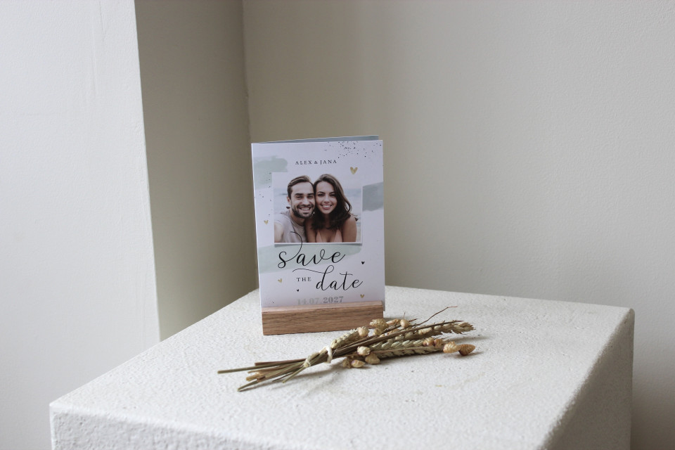 Hochzeitskarte Save-the-Date Foto Aquarell & Typografie