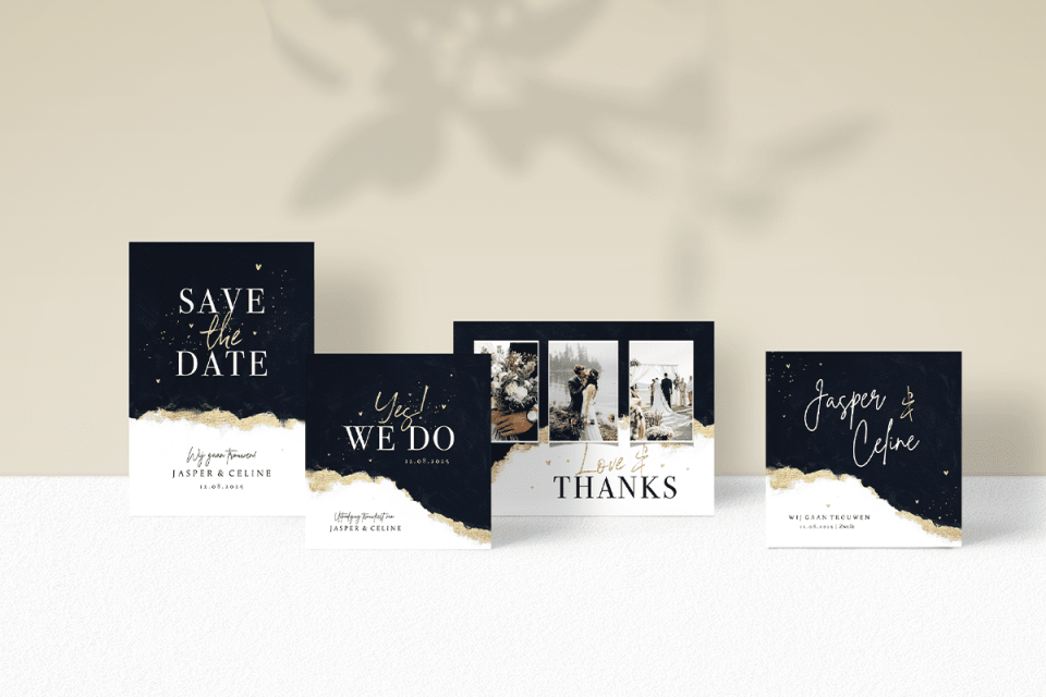 save the date kaarten met gouden folie en zwarte inkt