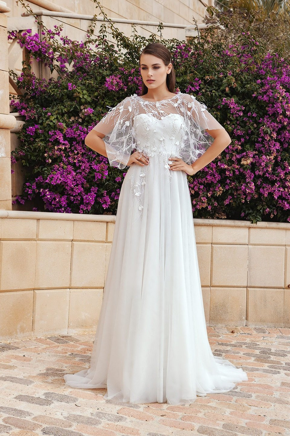 a-lijn/prinses a-lijn kanten applicaties hofsleep trouwjurk