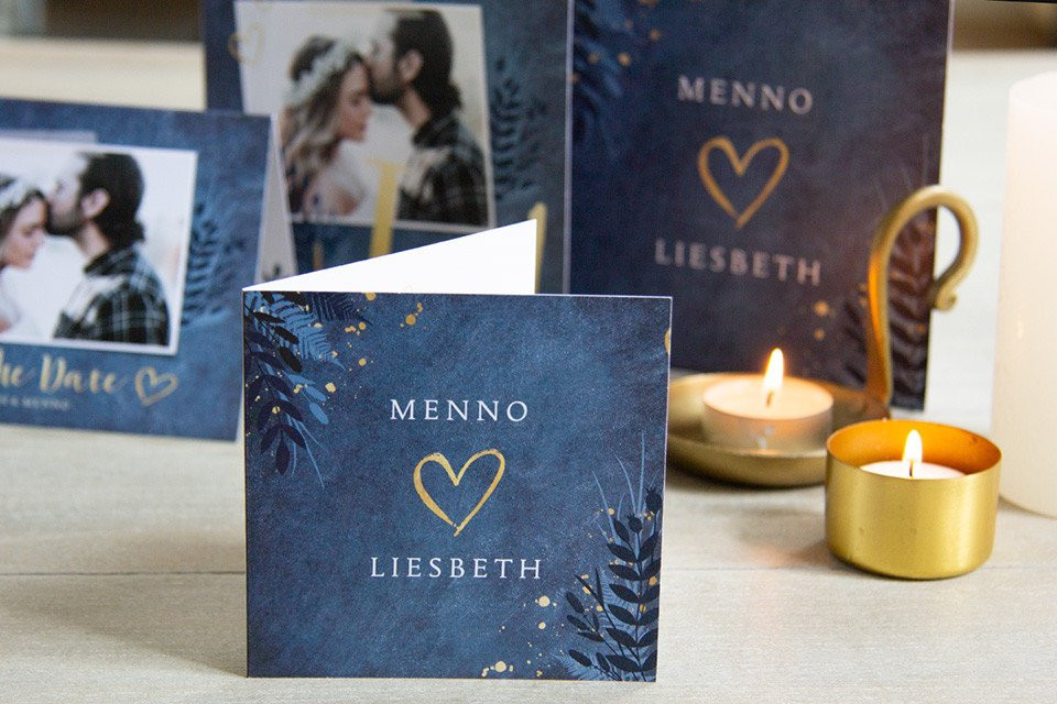 trouwkaarten met gouden folie en blauwe folie