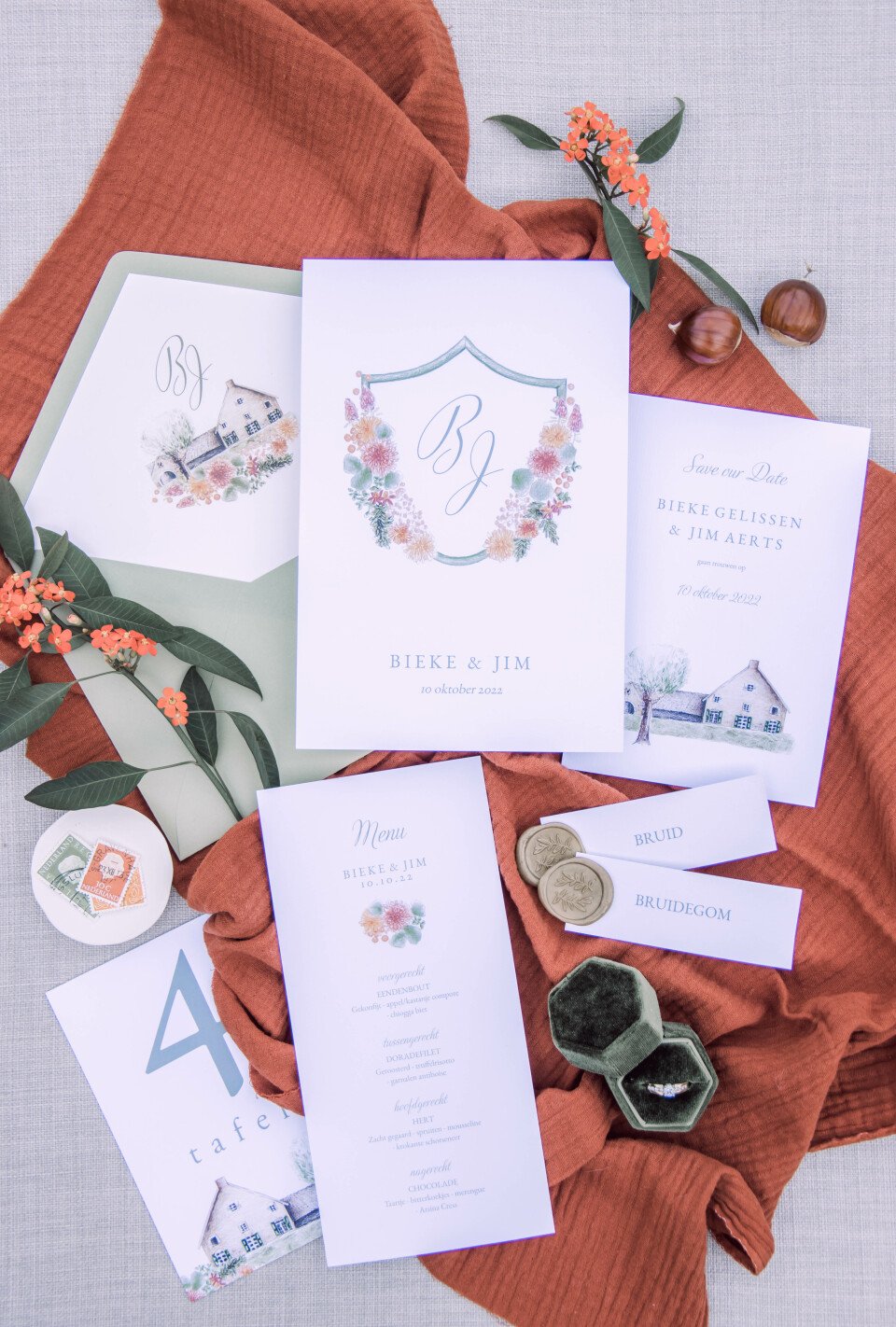 een trouwuitnodiging, trouwstationery en trouwaccessoires