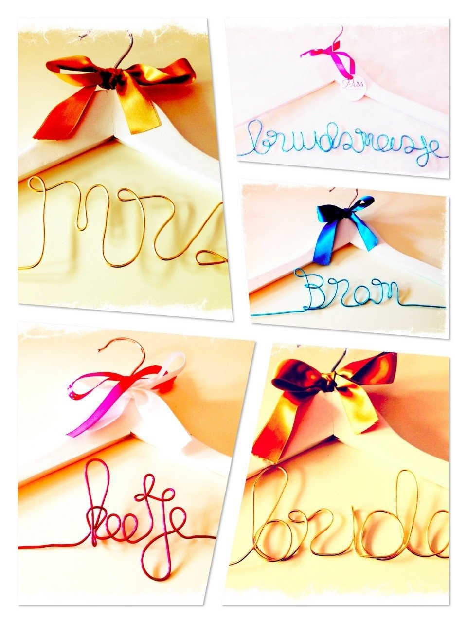 een reeks foto's van trouwjurken en hangers