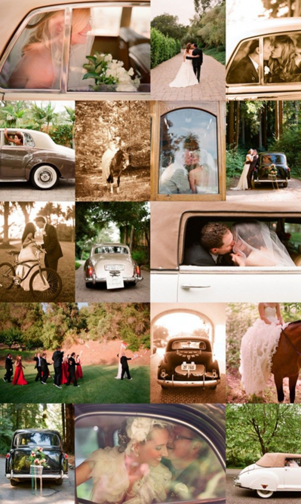 een collage van foto's van trouwauto's en mensen