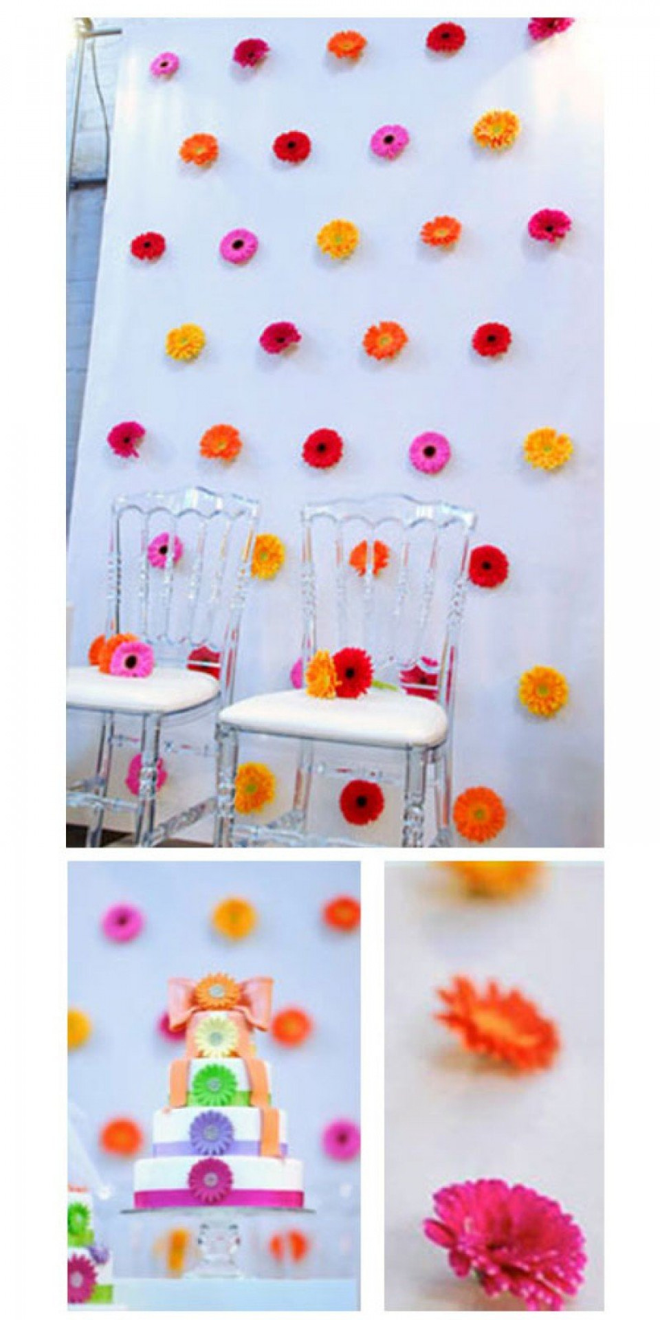 een collage van kleurrijke papieren bloemen en stoelen