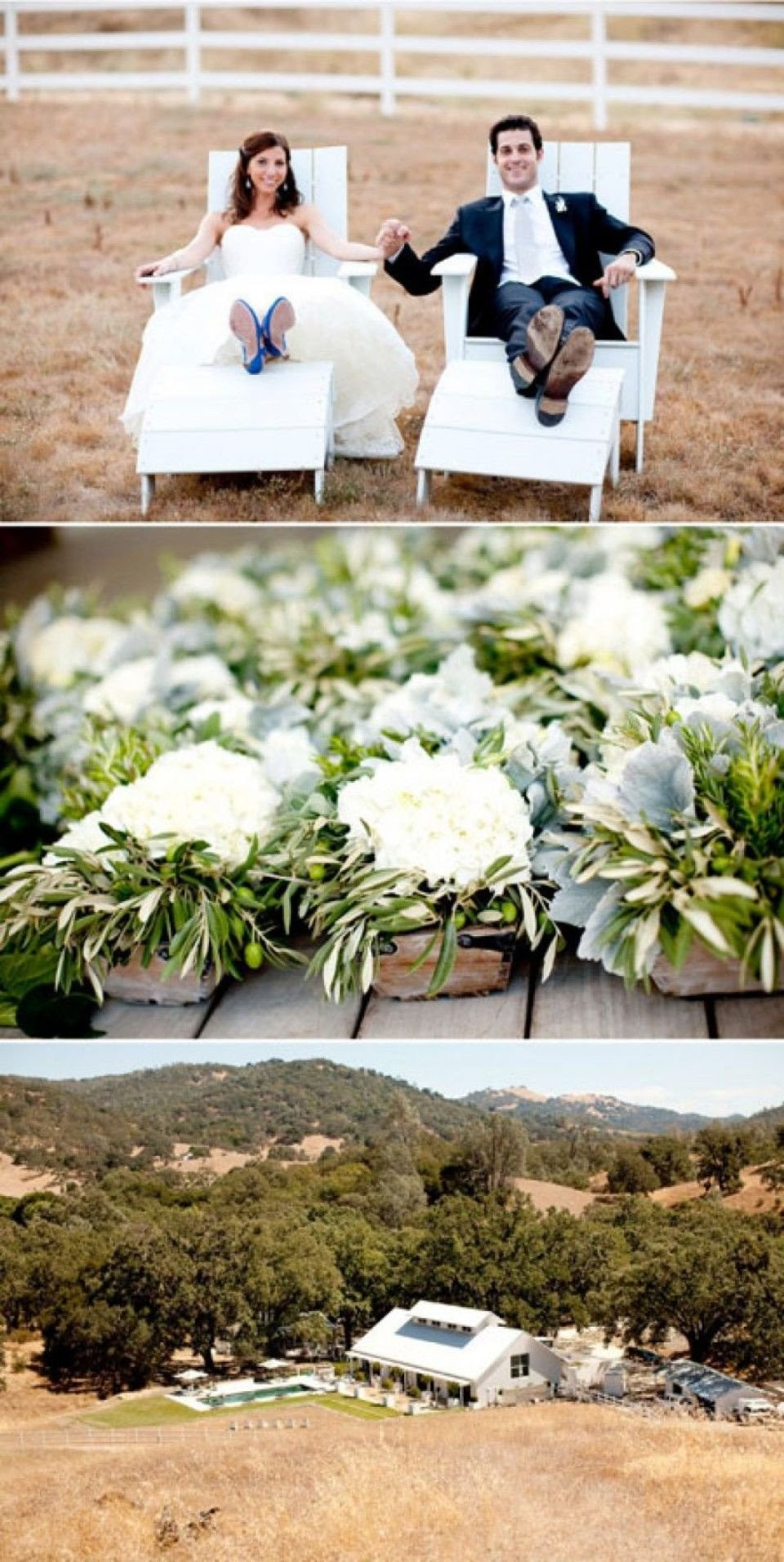 een collage van foto's van een trouwkoppel op een grasveld