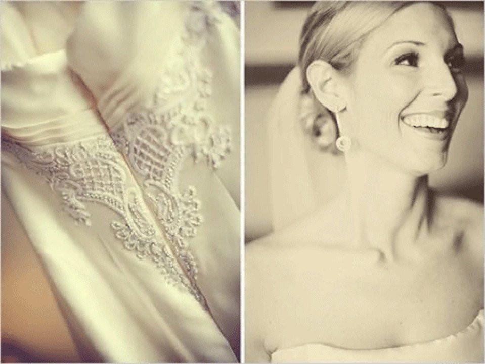 een bruid in een bruidsjurk en een foto van haar jurk