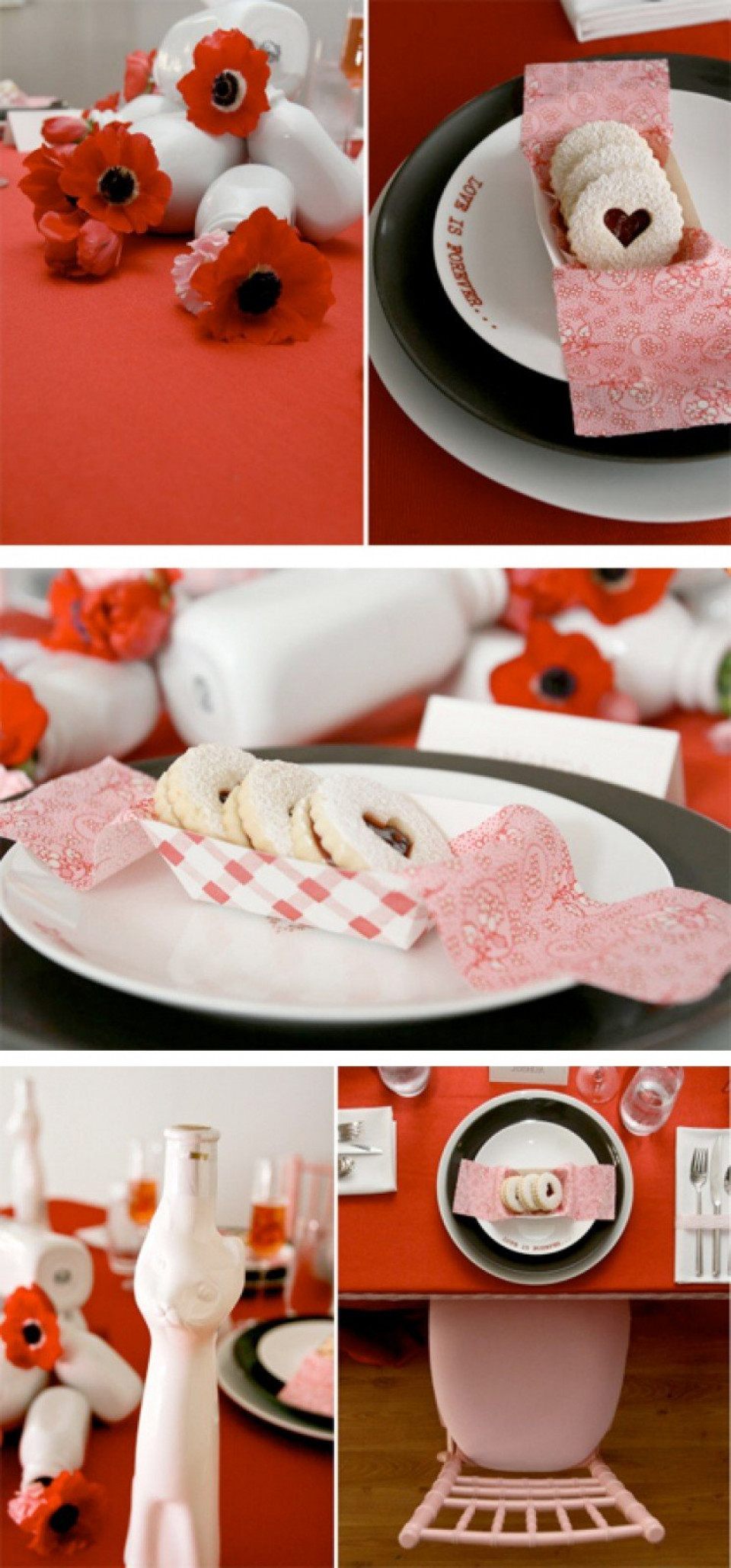 een collage van foto's die een tafelopstelling met rode en witte decoraties laten zien