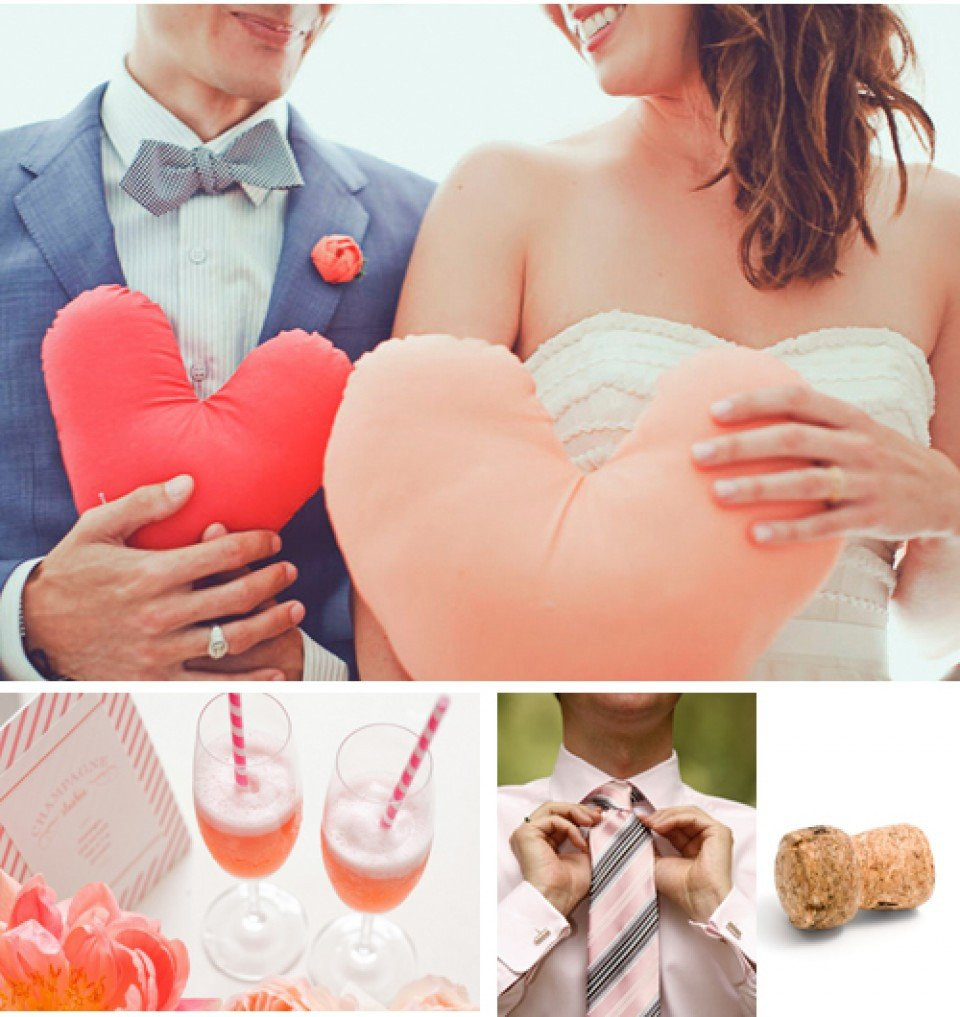 een collage van foto's met een bruid en bruidegom die hartvormige ballonnen vasthouden