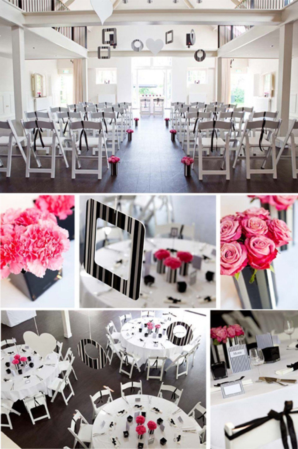 een collage van zwart-witte trouwdecoratie