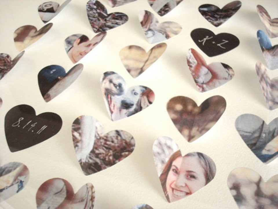 een grote groep foto's gerangschikt in harten