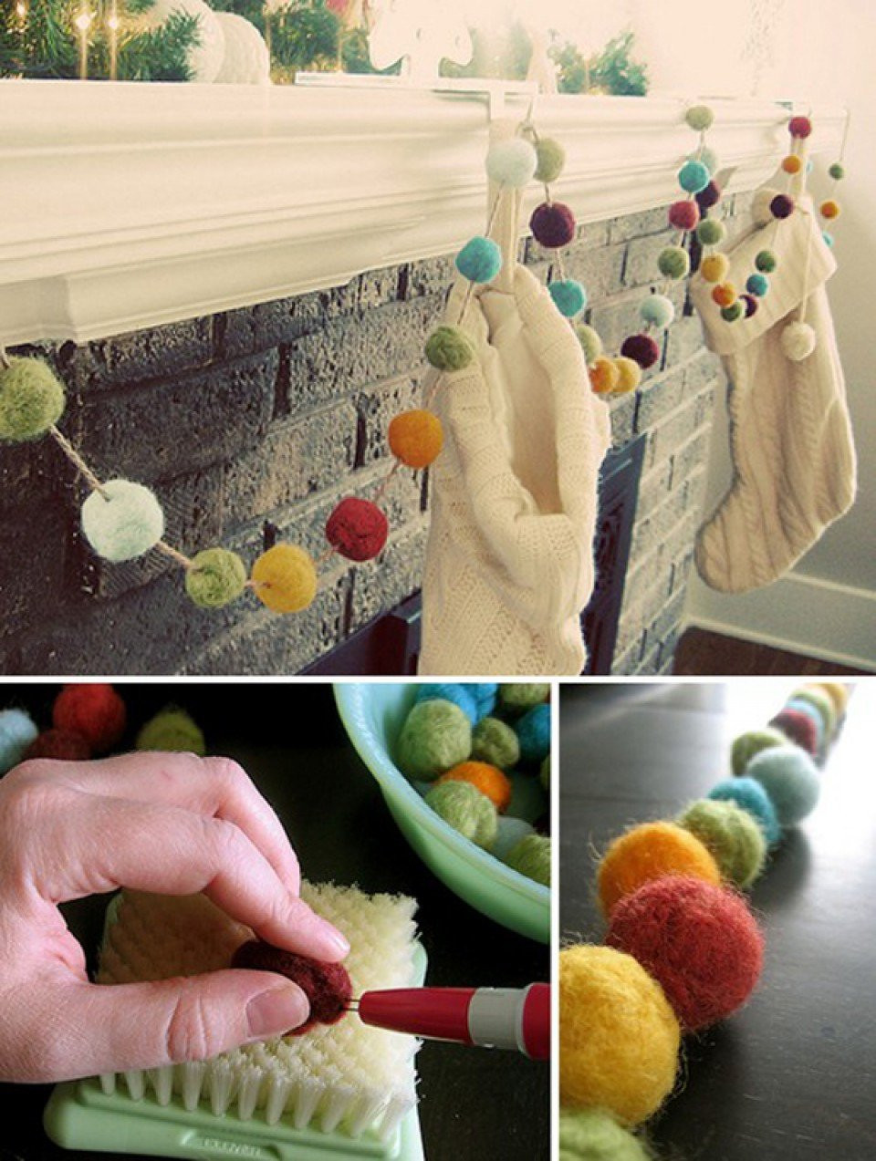 een collage van foto's die laten zien hoe je een vilt pom pom slinger maakt
