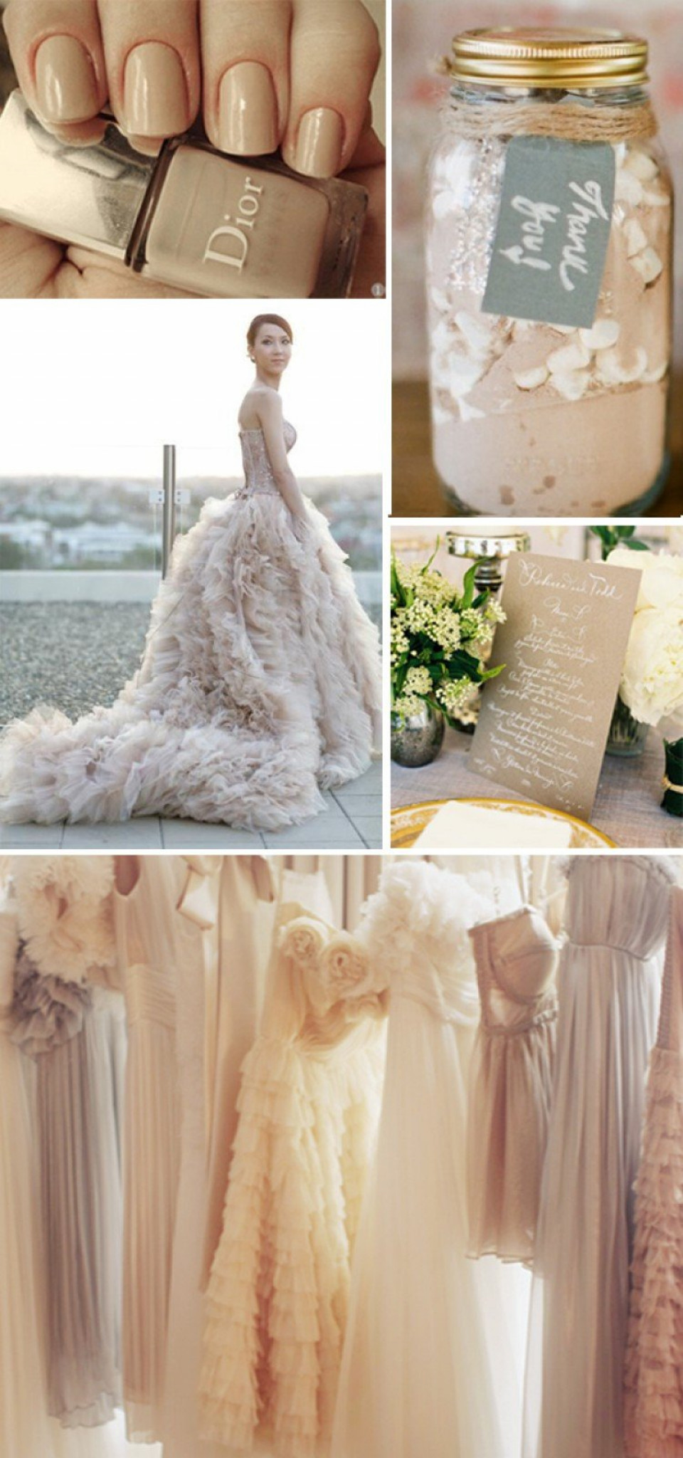 een collage van trouwjurken, trouwaccessoires en trouwtaart