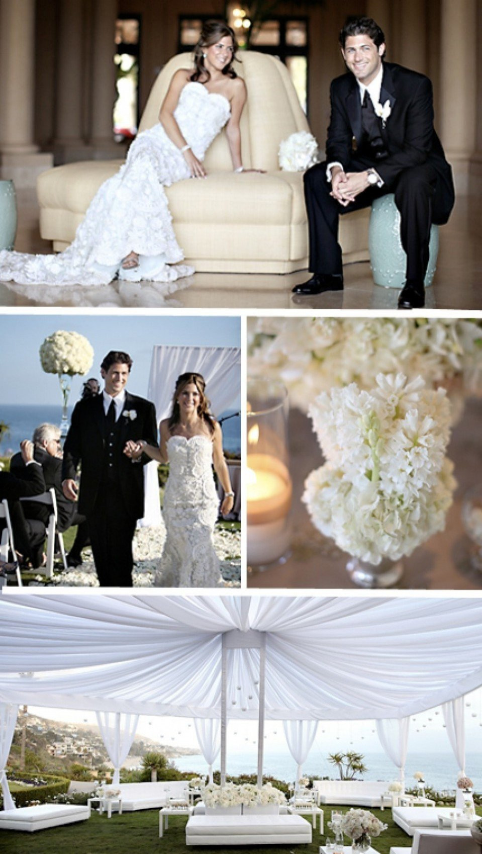 een collage van trouwfoto's met witte bloemen