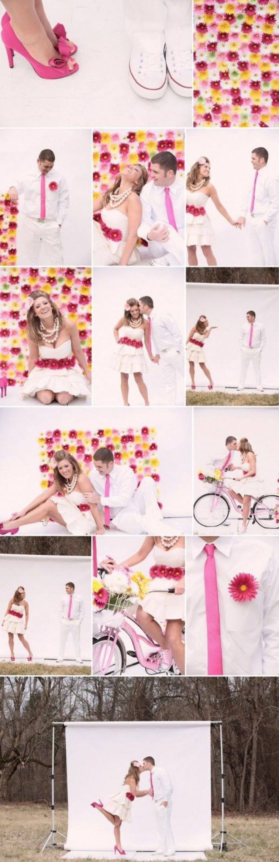 een collage van foto's van een stel in het wit en roze