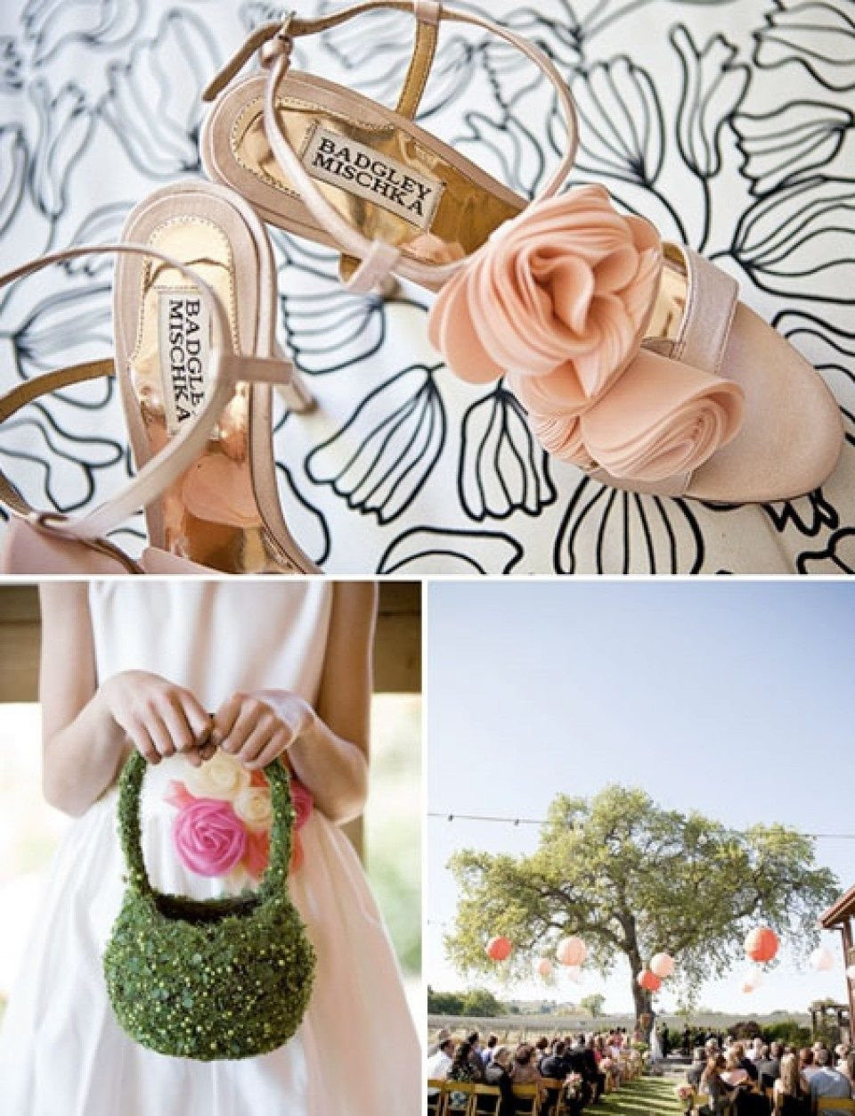 een collage van trouwfoto's met bloemen en schoenen