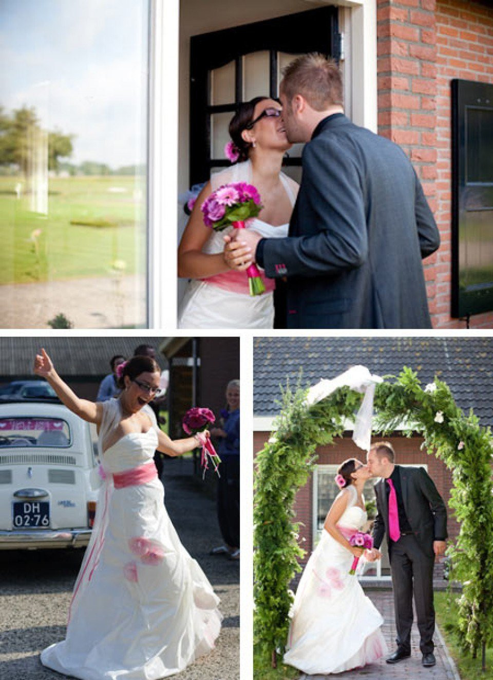 een collage van foto's van een bruid en bruidegom die kussen