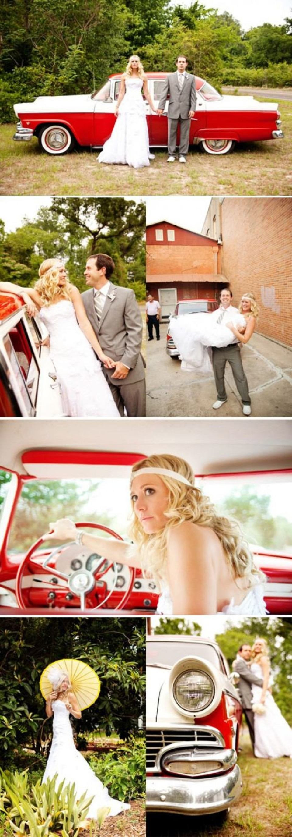 een collage van foto's van een bruid en bruidegom voor een rode auto