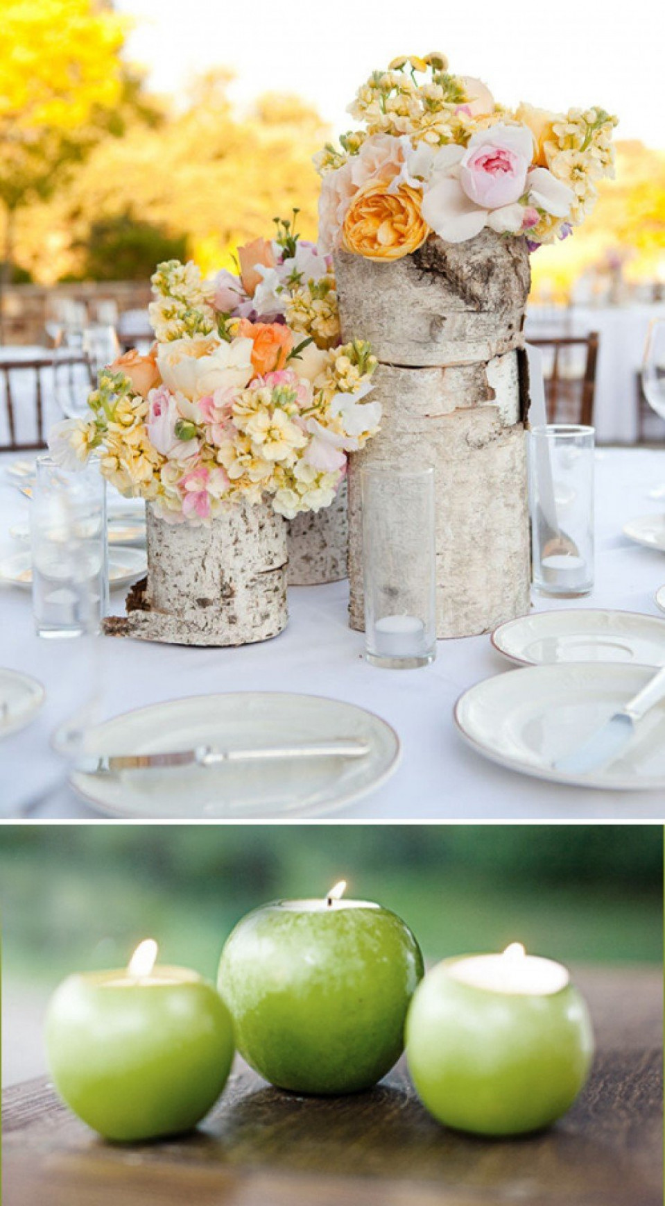 een tafel met groene appels en bloemen