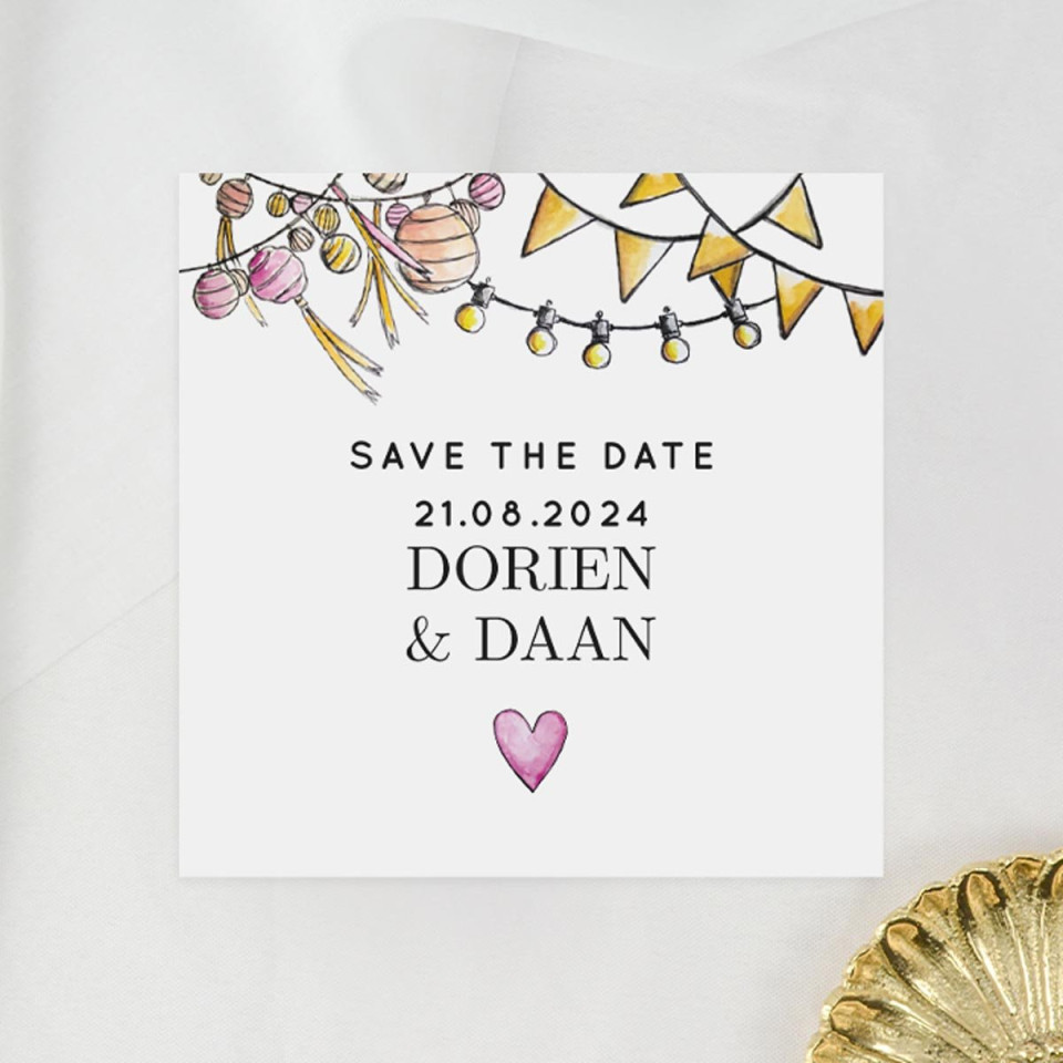 save the date kaart met een hart en bloemen