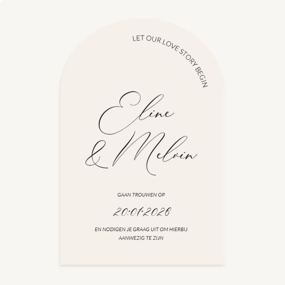 een huwelijksuitnodiging met een witte achtergrond en een zwart script