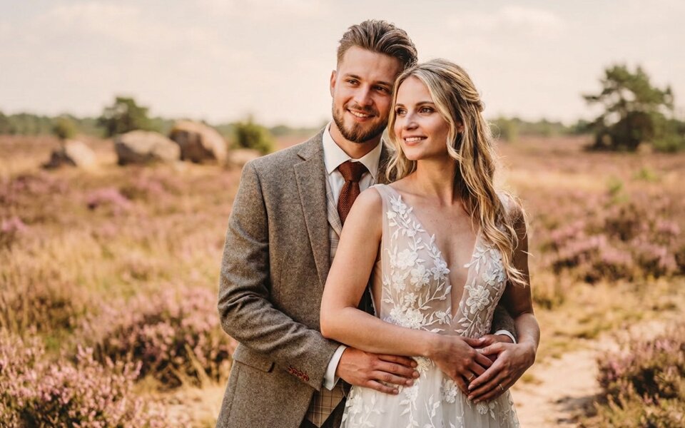 een man en een vrouw die poseren voor een foto in een veld