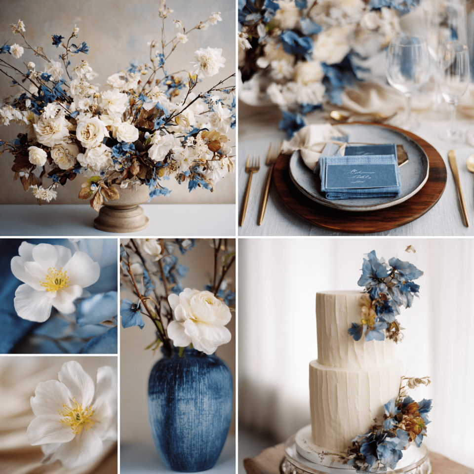  cobalt blue champagne wedding color palette summer  ballroom moodboard