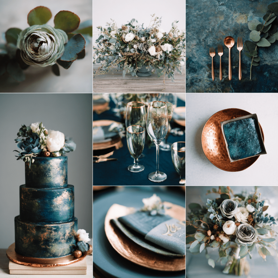 Navy copper wedding color palette fall winter estate moodboard