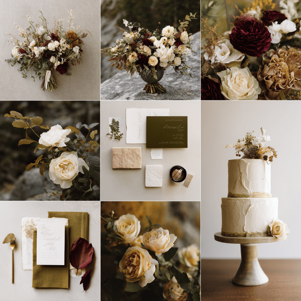 live burgundy cream earth tone wedding color palette  moodboard