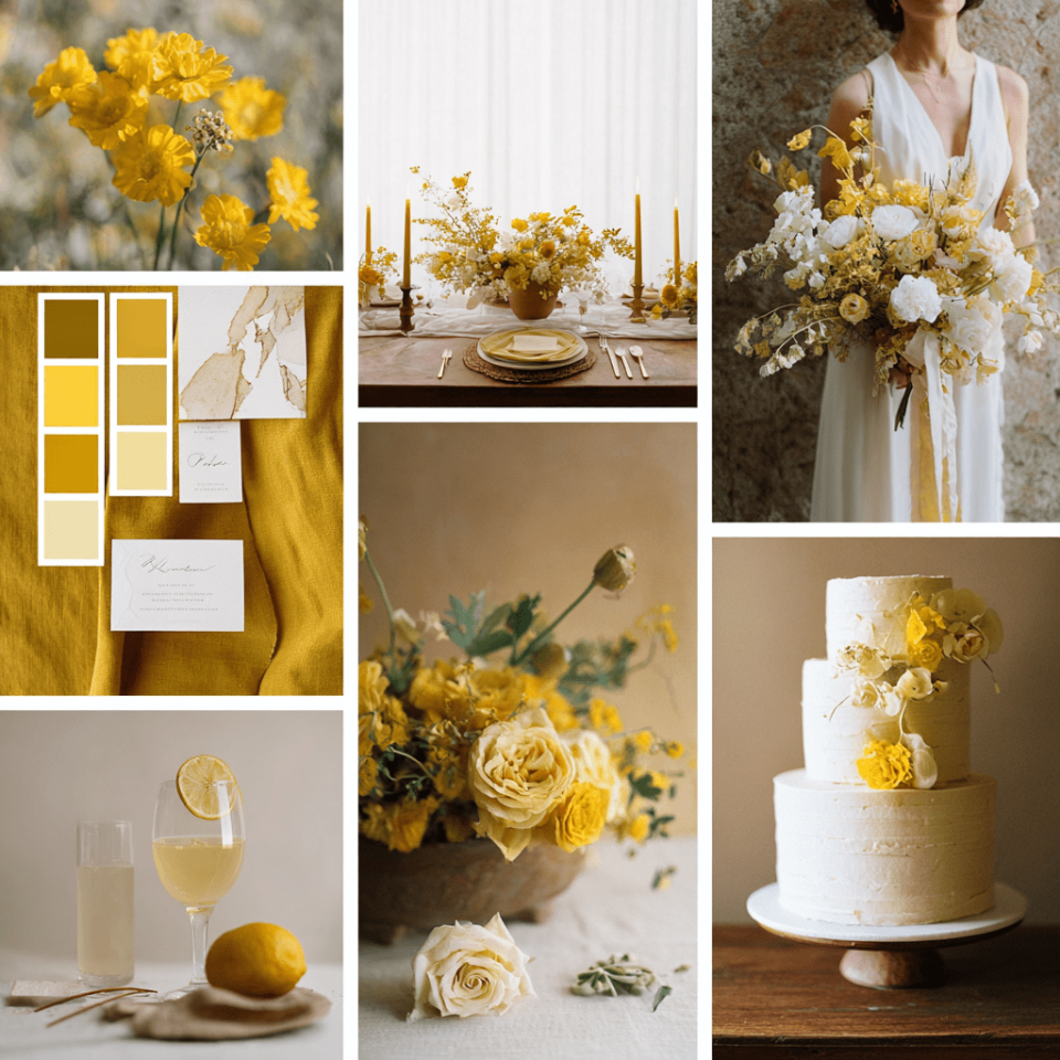 yellow white green wedding color palette summer farm moodboard