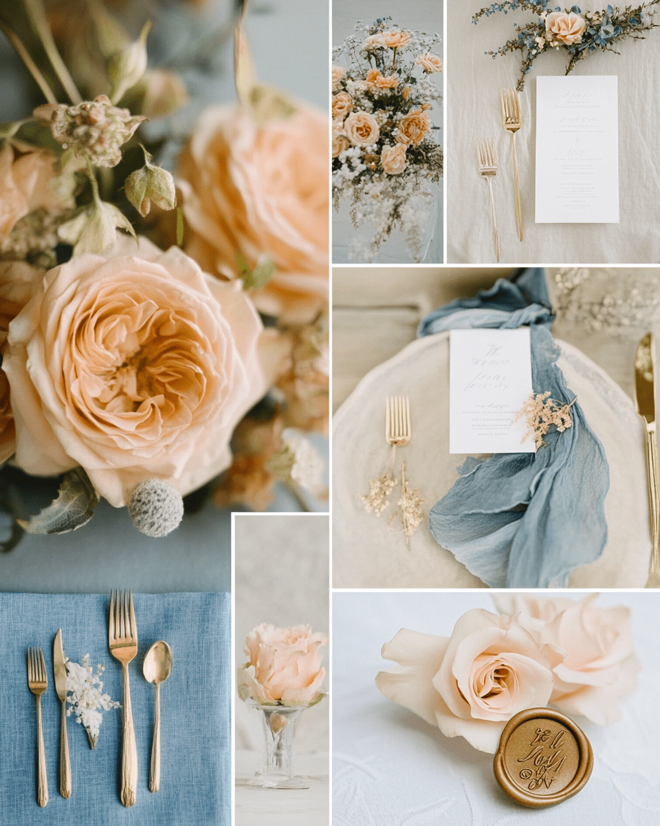 cornflower blue peach gold wedding color palette 2026 ceremony arch moodboard