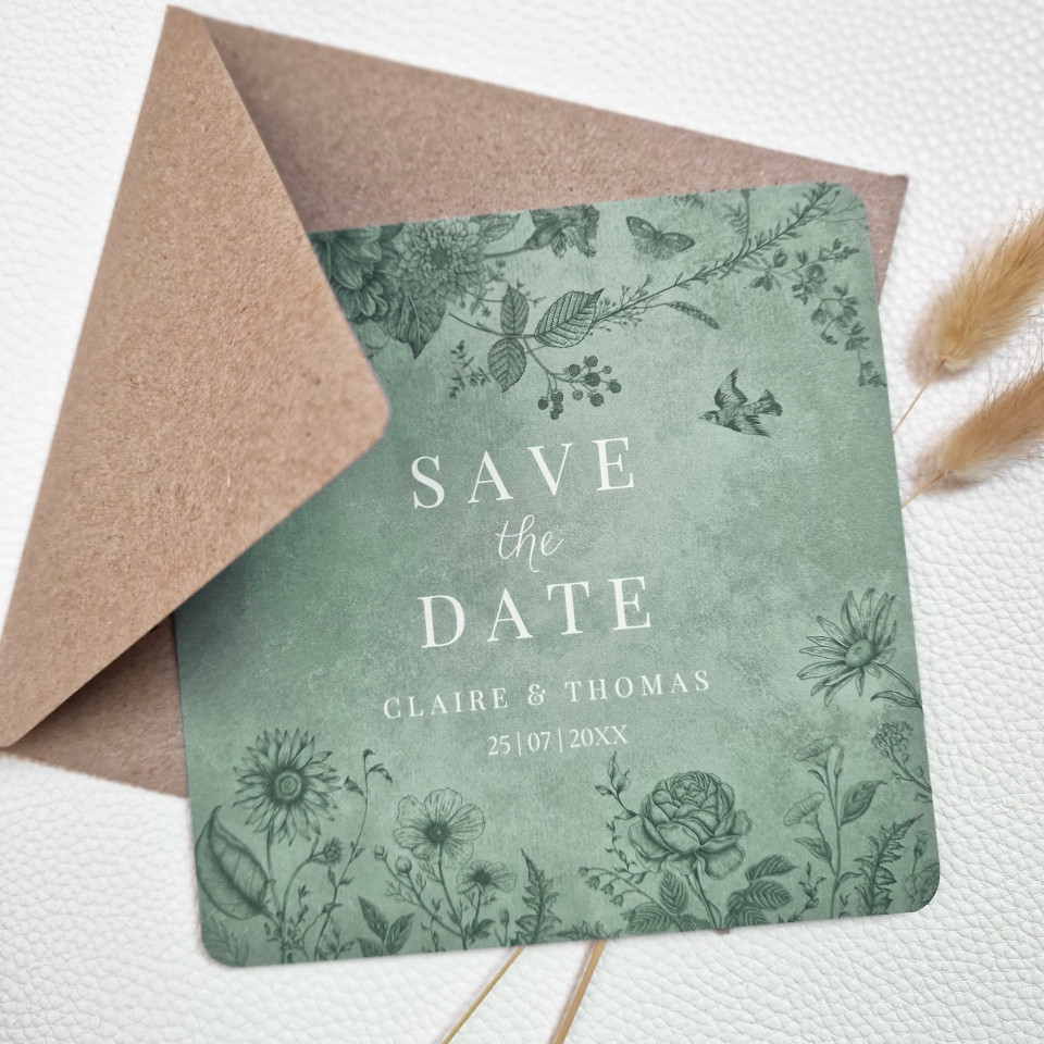 save the date kaart met een groen bloemmotief
