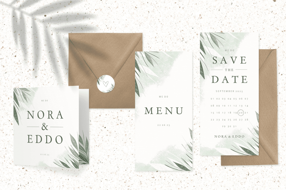 een trouwuitnodiging met palmbladeren