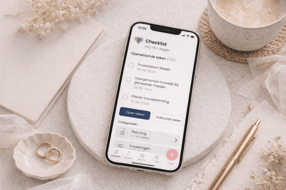 een close-up van een mobiele telefoon op een tafel naast een kopje koffie