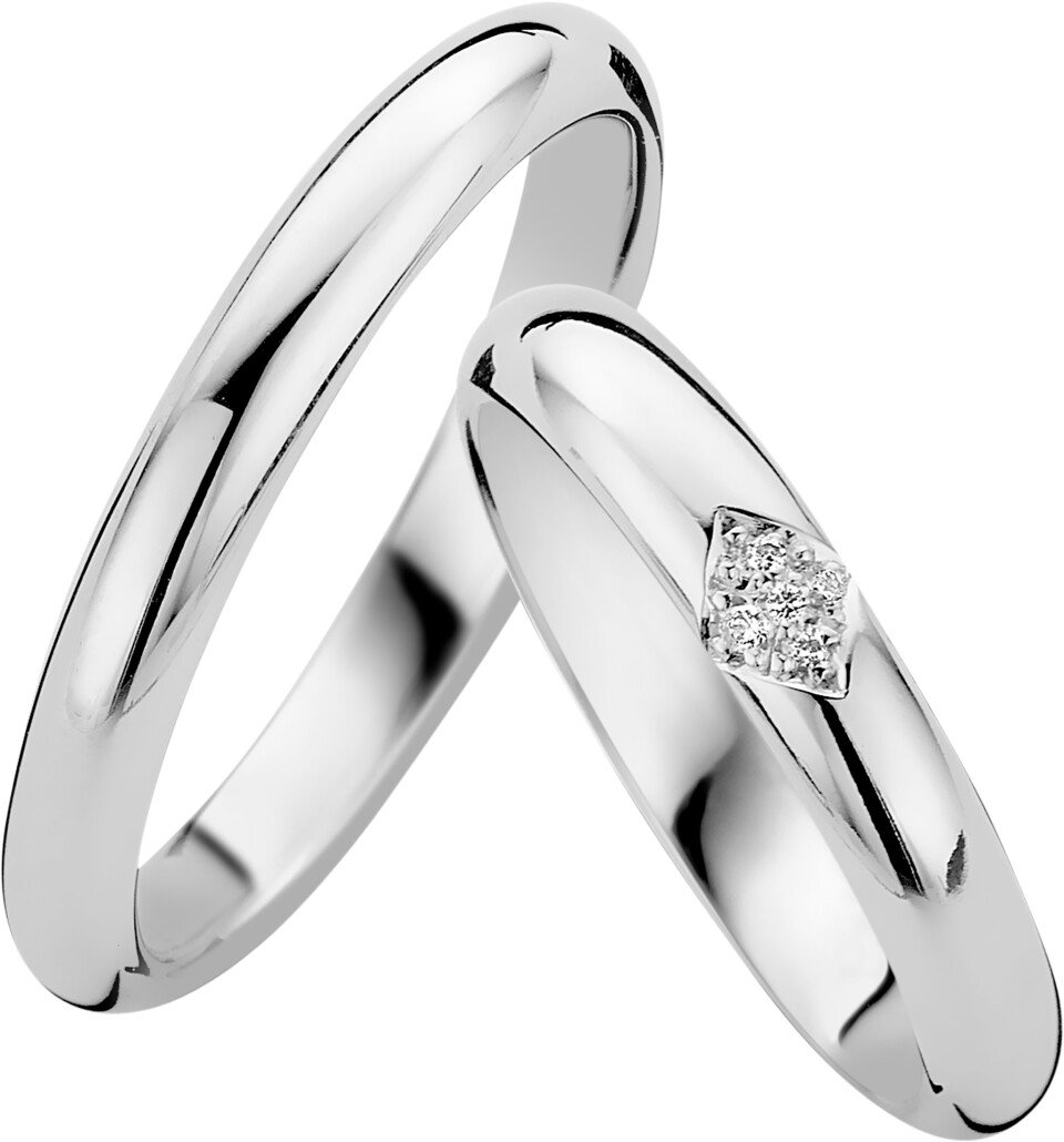 twee trouwringen met diamanten in witgoud