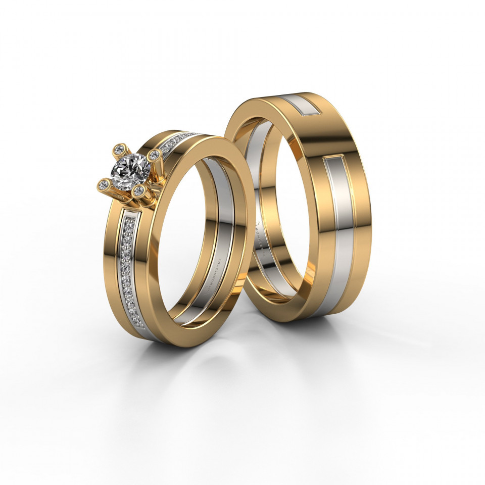 twee trouwringen met diamanten in goud en zilver