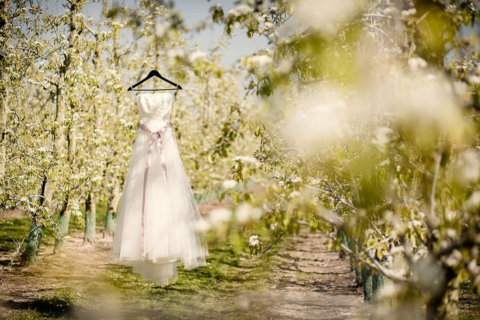 trouwjurk hangend in een appelboomgaard